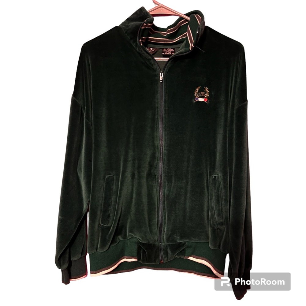 80's Christian Dior Monsieur Forest Green Velour Zip Up Emblem Jacket Large